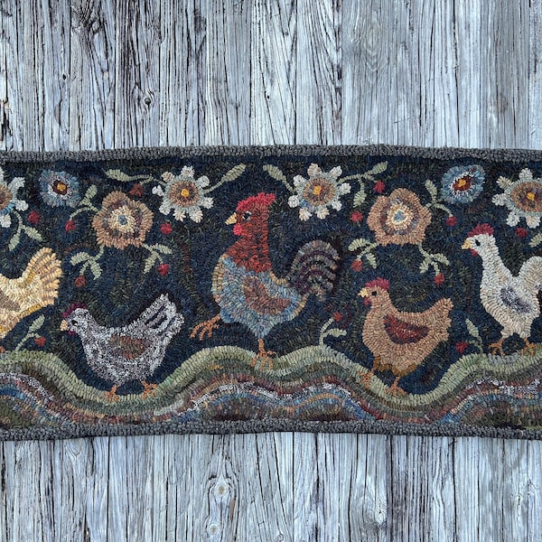 Rug hooking PATTERN, Chicken Stroll, 23”x54”, 17”x40”, Chicken, Rooster, Primitive, hooked rug patterns, whimsical, farm, animal, floral