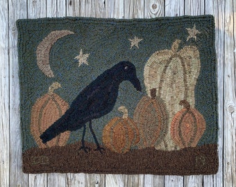 Rug hooking pattern, Crow and Pumpkins, 29” x 37”, Primitive, Fall, Halloween, hooked rug, pumpkin patch, DIY, moon, stars