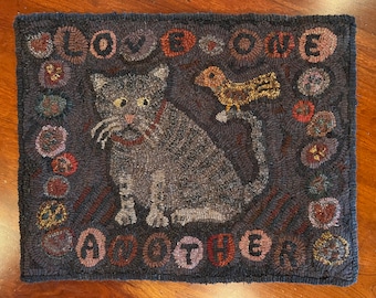 Rug hooking PATTERN, Love One Another, 18”x23”, Primitive, cat, bird, hooked rug patterns, cat paws, tabby, whimsical, kitty, heart, posie