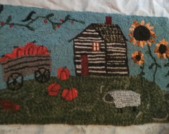 Rug hooking patterns, Pumpkin Harvest, 19”x35”, Fall, log cabin, sheep, sunflowers, wagon,pumpkins, primitive hooked rug