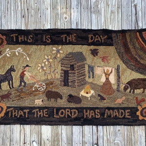 Rug hooking PATTERN, This is the Day, 33” x 63”, log cabin, hooked rug, primitive, Homestead, sheep, cow, horse, bee skep, chickens, farm