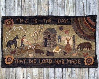 Rug hooking PATTERN, This is the Day, 33” x 63”, log cabin, hooked rug, primitive, Homestead, sheep, cow, horse, bee skep, chickens, farm