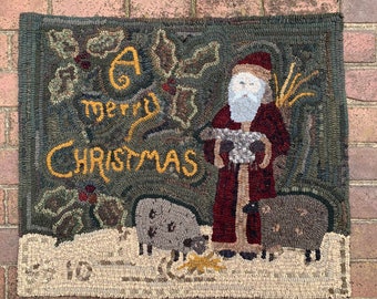 Rug hooking pattern, A Merry Christmas, 30”x36”, Primitive, Father Christmas, Santa, sheep, Hooked rug patterns, folk art, holiday, DIY