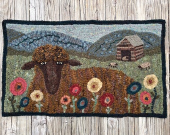 Rug Hooking PATTERN, Pasture Sheep, 23.5 x 39.5, Primitive, Hooked rug pattern, sheep, log cabin, farm, lamb, whimsical, animal, meadow