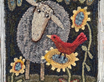 Rug hooking PATTERN, Friends, 17 1/2”x23” or 24”x31 1/2”, Primitive, Sheep, Bird, Sunflowers, Lamb’s Tongue, hooked rug patterns, whimsical