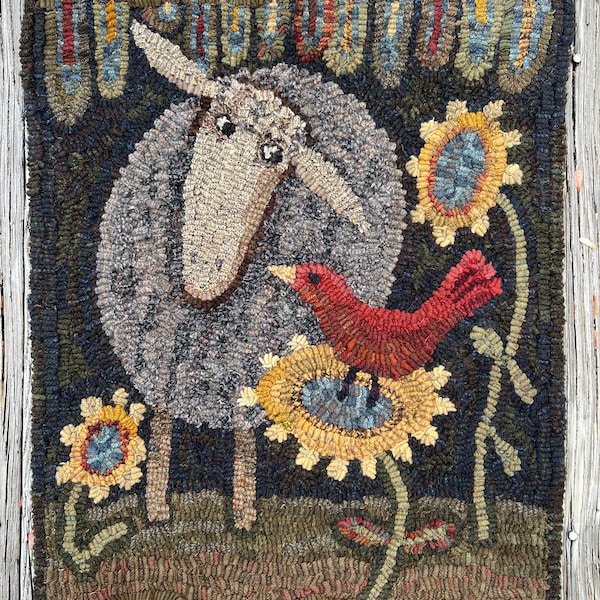 Rug hooking PATTERN, Friends, 17 1/2”x23” or 24”x31 1/2”, Primitive, Sheep, Bird, Sunflowers, Lamb’s Tongue, hooked rug patterns, whimsical