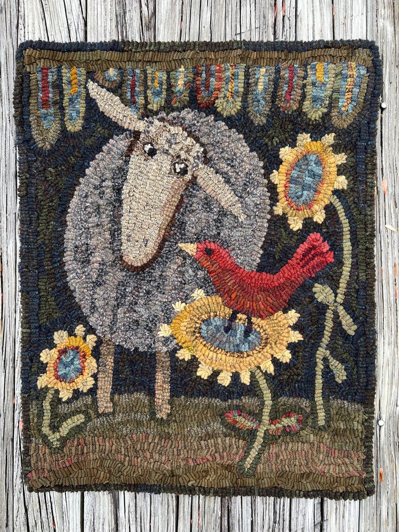 Rug hooking PATTERN, Friends, 17 1/2x23 or 24x31 1/2, Primitive, Sheep, Bird, Sunflowers, Lambs Tongue, hooked rug patterns, whimsical image 1