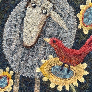 Rug hooking PATTERN, Friends, 17 1/2x23 or 24x31 1/2, Primitive, Sheep, Bird, Sunflowers, Lambs Tongue, hooked rug patterns, whimsical image 2