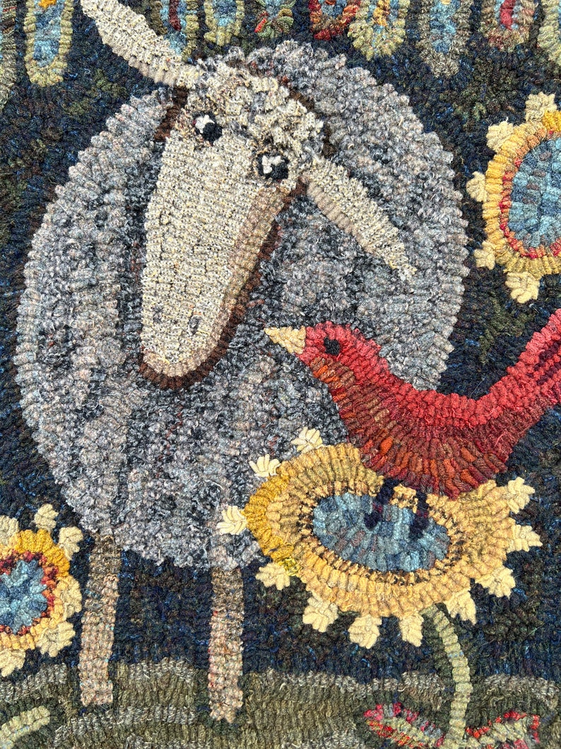 Rug hooking PATTERN, Friends, 17 1/2x23 or 24x31 1/2, Primitive, Sheep, Bird, Sunflowers, Lambs Tongue, hooked rug patterns, whimsical image 2