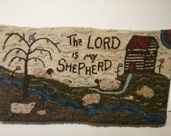 Rug hooking pattern, The Lord is my Shepherd, 19” x 35”, Primitive, Sheep, Log Cabin, Psalm 23, Hooked Rug, Scripture, Still Waters, DIY
