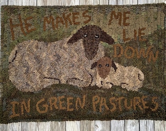 Rug hooking PATTERN, Green Pastures, 29.5”x42”,23.5”x34”, 17”x24”, sheep, primitive, Psalm 23, Scripture, hooked rug, He makes me lie down