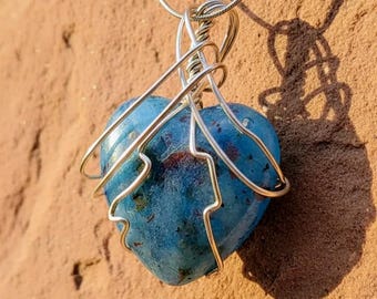 Patina Blauer Harz Herz Anhänger - Draht Gewickelt Schwarzer Turmalin, Amethyst, Citrin, Quarz