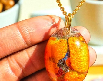Vibrant Orange Resin Oval Pendant Necklace: Gold Bail, Nature Inspired Amulet