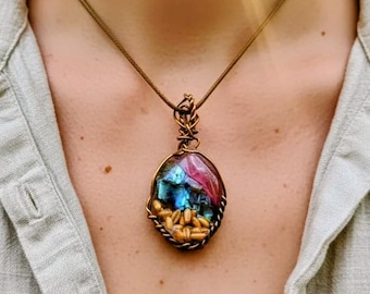 Draht Gewickelt Labradorit Anhänger mit echten Samen - Ethereal Copper Forest Charm