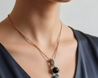 Moos Achat Schwarzer Turmalin Anhänger, Kosmischer Mond Talisman, Natur Erdungs Halskette