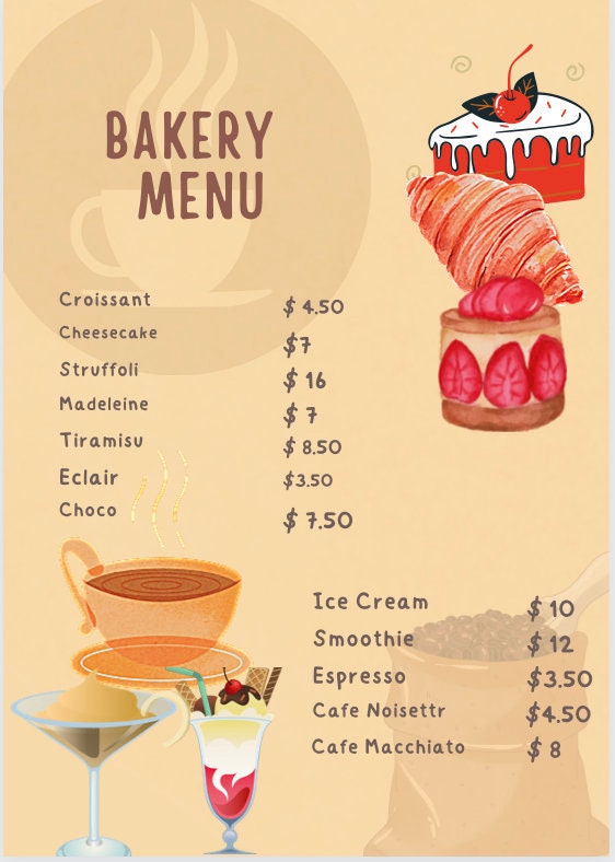 Luxury Bakery Cafe Menu Template, French Italian Themed Menu Template