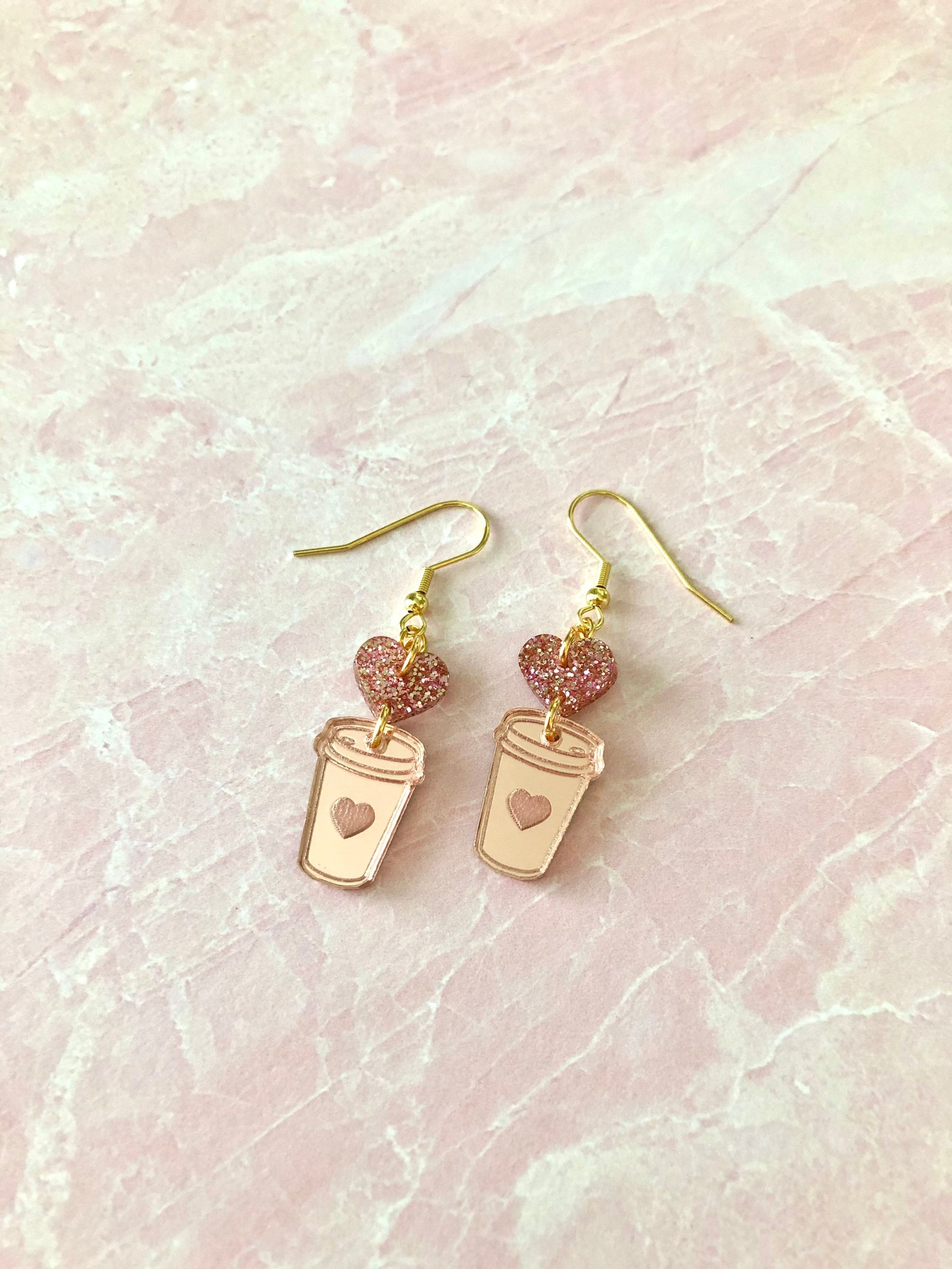 Heart coffee cup earrings rose gold glitter coffee lover Etsy