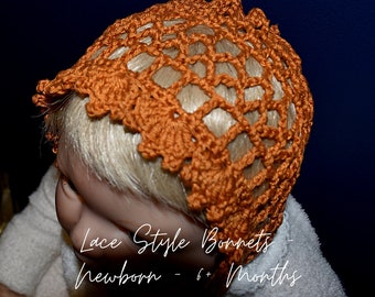 NEWBORN - 6+ Months | Lace Crochet Baby Bonnets | Pure Cotton | MANY COLOURS