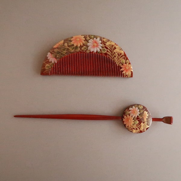 Comb Kanzashi Accessory, Vintage, Traditional Craft, Makie, Raden, Gold, Kimono, gift, Japan, VI1