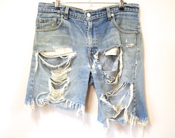 90s Distressed Denim Levis Strauss Cutoffs Shorts, Vintage Mens Frayed Jeans, Destroyed Worn In, VTG 1990s Size M