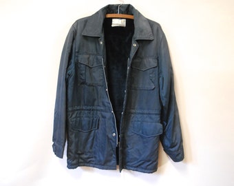 70er Jahre Mens Navy blau cool Zimmer Jacke, Vintage Marine Regen Mantel Faux Pelz gefüttert Mantel Parka mit Taschen Retro Grunge VTG 1970er Jahre Größe L