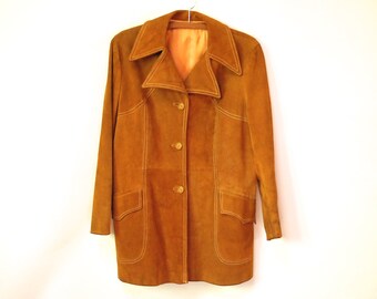 1970s Mens Tan Carmel Suede Leather Jacket, Vintage Retro Collared Lapels Coat Saddle Stitch Jacket Seventies VTG 70s Size Mens M-L