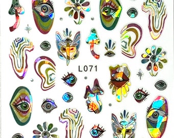 Trippy holographic Beverly Salas inspired mushrooms/eyes/lips Self Adhesive Nail Decals/Stickers
