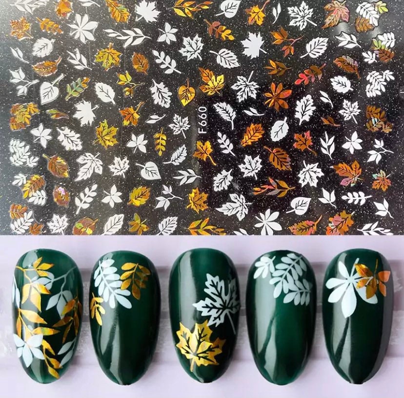 White & Gold Holographic Fall Leaves Nail Decals/stickers - Etsy