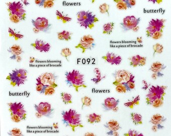 Pink watercolor Natural Flowers Self Adhesive Nail Decals/Stickers