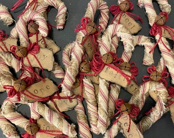 Primitive Homespun Candy Canes, Farmhouse Christmas, Candy Cane Ornaments, Fabric Wrapped Candy Canes, Primitive Decor, PrimitiveChristmas