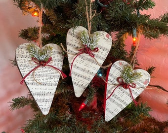 Set of 3 Christmas Sheet Music Heart Shaped Ornaments, Sheet Music Ornaments, Christmas Ornaments, Wood Ornaments, Rustic Ornaments