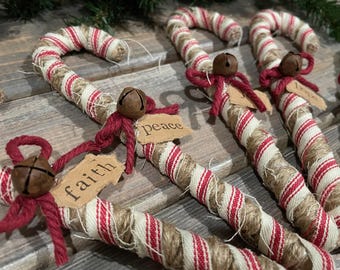 Primitive Candy Canes, Fabric Wrapped Candy Canes, Farmhouse Christmas, Candy Cane Ornaments, Primitive Christmas, Rustic Christmas