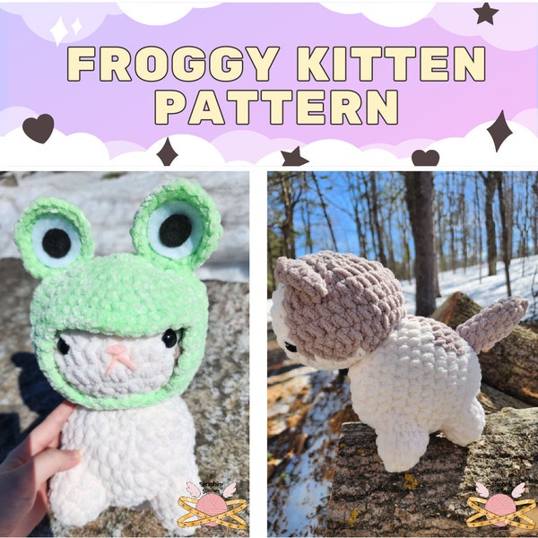 PATTERN- Kitten with Frog Hat Crochet Amigurumi (Beginner-Intermediate)