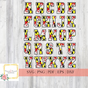 Maryland Flag Varsity Letters A-Z Svg Cut File / Maryland Flag Varsity Font / Béisbol, Fútbol, Camiseta de baloncesto