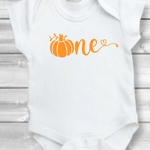 May include: White baby onesie with an orange pumpkin and the word "one" with a heart.