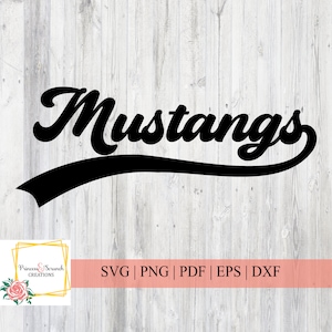 May include: Black and white graphic design of the word "Mustangs" in a retro, cursive font with a curved line underneath. The design is on a white wood background.