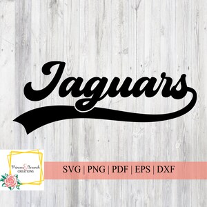 May include: Black and white graphic design of the word "Jaguars" in a retro, cursive font with a curved line underneath. The design is on a woodgrain background.