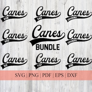 Könnte beinhalten: Ein Satz von neun schwarzen und weißen SVG-Schneidedateien mit dem Wort "Canes" in einer stilisierten Schriftart mit verschiedenen Titeln unter jedem Wort, darunter "Mom", "Dad", "Grandma", "Grandpa", "Bro", "Sis", "Pop" und "Mimi".