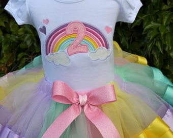 Girls Rainbow Birthday Tshirt with Matching Tutu- Embroidered Rainbow with Birthday Number- Girls size Two Birthday Outfit- Birthday Outfit