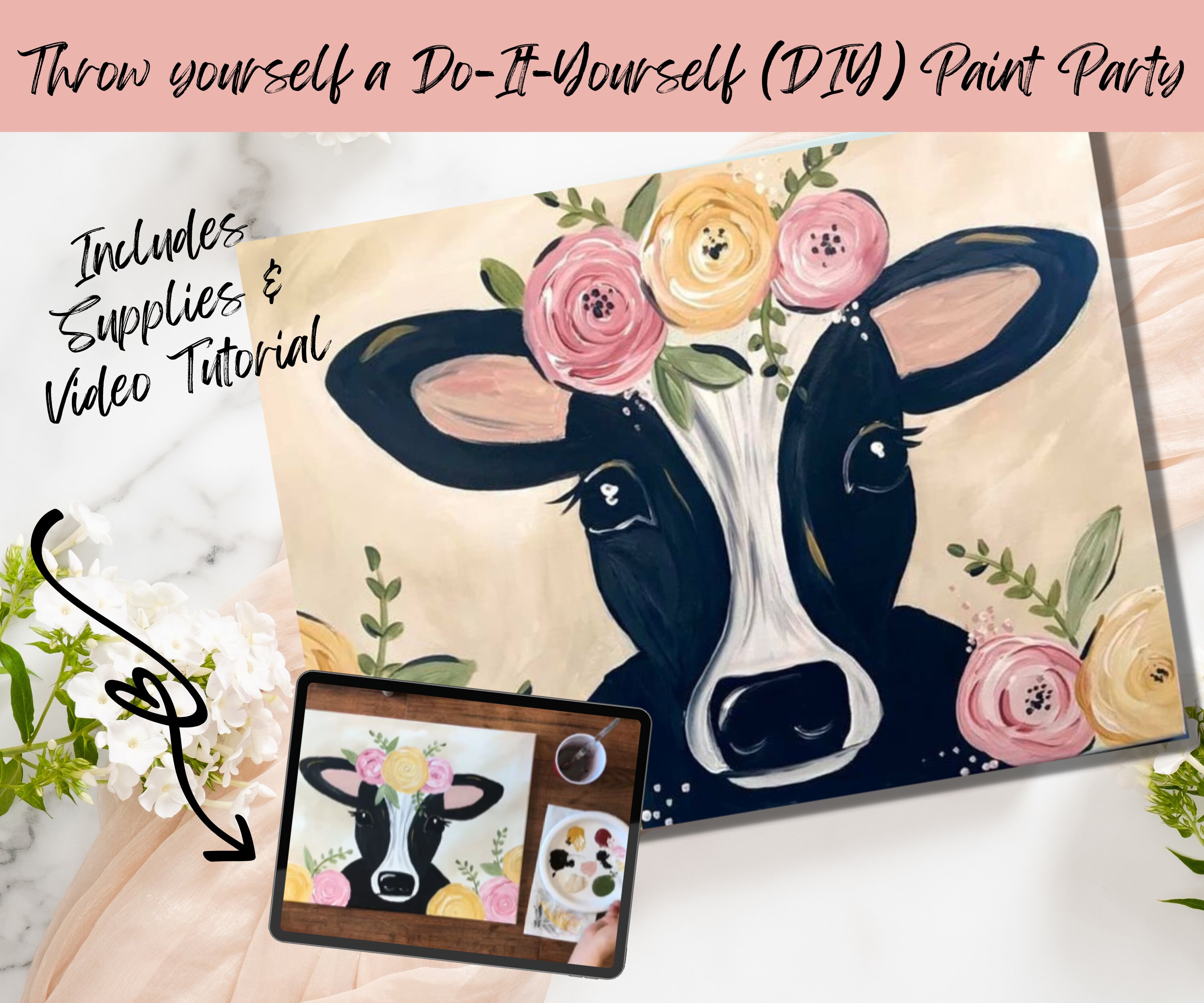 Ready to Paint 8X10 Pre Drawn Farm Animal Cow Canvas Painting Kit Craft Kit  for Kids DIY Paint Night Birthday Party 