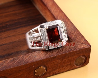Handmade Emerald Cut Garnet Ring for Men, 925 Sterling Silver