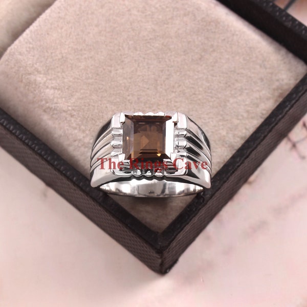Elegant Smoky Quartz Men's Ring, White Gold Plated Silver Ring, Handcrafted Gemstone Jewelry, Quartz Handmade Ring, Ideal Anniversary Gift
