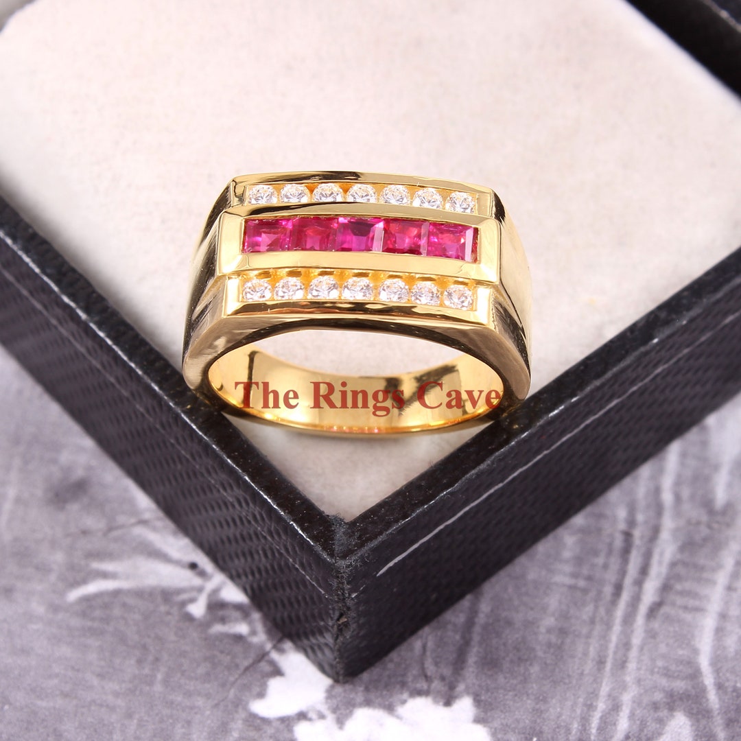 Men Gold Ring Ruby Inlay Natural Ruby Men's Ring: 18K Gold Plated 925 Sterling Silver - Etsy