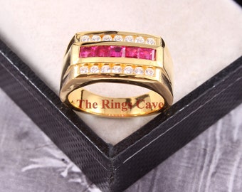Natural Ruby Men's Ring: 18K Gold Plated 925 Sterling Silver