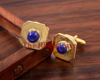 Handmade Lapis Lazuli Cufflinks, Sterling Silver, Round Stone