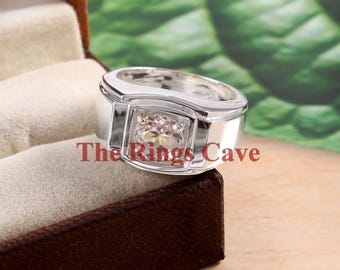 Anillo de sello de topacio blanco natural: plata de ley bañada en oro blanco