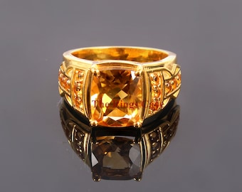 Anello da uomo con pietra preziosa citrino naturale: argento sterling 925 placcato oro 18 carati
