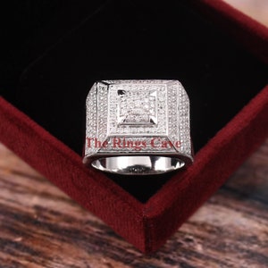 Iced Out Moissanite Ring: 18K White Gold Plated 925 Sterling Silver, Hip Hop Bling
