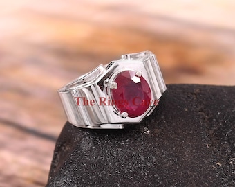 Natural Ruby Sterling Silver Men's Ring - Oval Stone