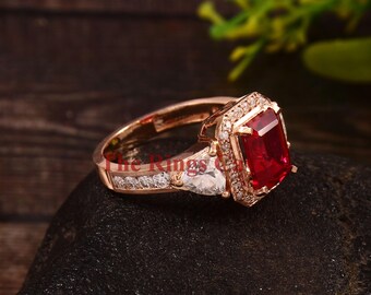 Emerald Cut Ruby Ring: Rose Gold Plated Sterling Silver, CZ Accents